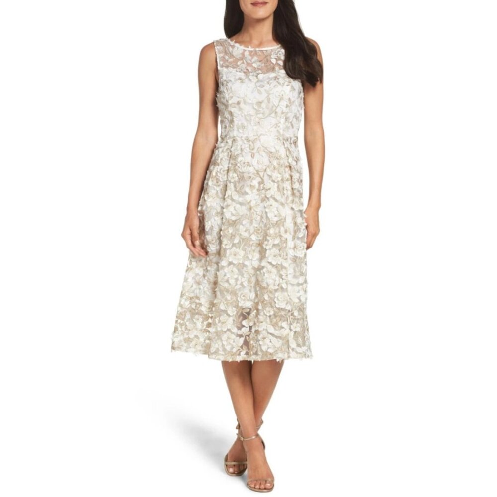 Adrianna Papell 4 3D Floral Applique A Line Midi Dress Champagne Gold Party NWT
